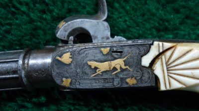 169 CASED PAIR GOLD INLAID BELGIAN SINGLE SHOT PERCUSSION PISTOLS [A] - Image 13