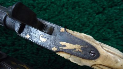 169 CASED PAIR GOLD INLAID BELGIAN SINGLE SHOT PERCUSSION PISTOLS [A] - Image 17