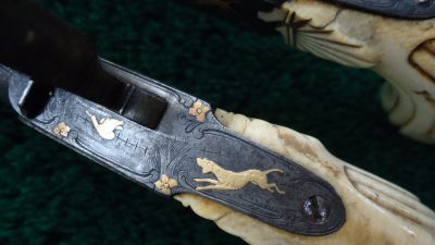 169 CASED PAIR GOLD INLAID BELGIAN SINGLE SHOT PERCUSSION PISTOLS [A] - Image 18