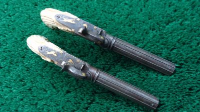 169 CASED PAIR GOLD INLAID BELGIAN SINGLE SHOT PERCUSSION PISTOLS [A] - Image 5