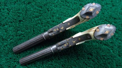 169 CASED PAIR GOLD INLAID BELGIAN SINGLE SHOT PERCUSSION PISTOLS [A] - Image 6