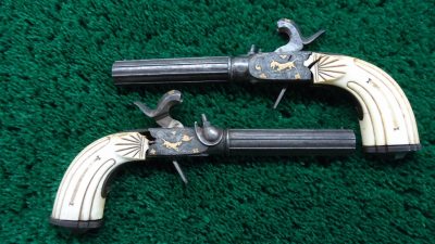 169 CASED PAIR GOLD INLAID BELGIAN SINGLE SHOT PERCUSSION PISTOLS [A] - Image 9