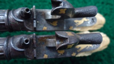 169 CASED PAIR GOLD INLAID BELGIAN SINGLE SHOT PERCUSSION PISTOLS [A] - Image 16