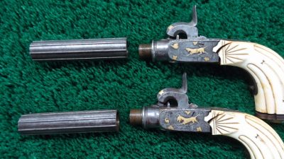 169 CASED PAIR GOLD INLAID BELGIAN SINGLE SHOT PERCUSSION PISTOLS [A] - Image 8