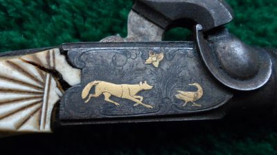 169 CASED PAIR GOLD INLAID BELGIAN SINGLE SHOT PERCUSSION PISTOLS [A] - Image 10