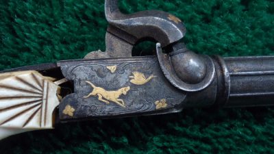 169 CASED PAIR GOLD INLAID BELGIAN SINGLE SHOT PERCUSSION PISTOLS [A] - Image 11