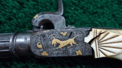 169 CASED PAIR GOLD INLAID BELGIAN SINGLE SHOT PERCUSSION PISTOLS [A] - Image 12