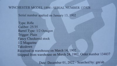 W3291 VERY SCARCE WINCHESTER 1894 TD STRAIGHT STOCK DELUXE RIFLE CAL 25-35 [A] - Image 16