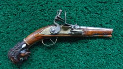 MHG1090 ENGRAVED EUROPEAN FLINTLOCK POCKET PISTOL WITH FIGURAL “MOOR’S HEAD” CARVED POMMEL [A]