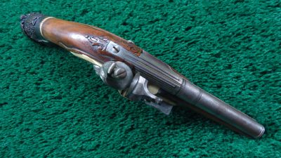 MHG1090 ENGRAVED EUROPEAN FLINTLOCK POCKET PISTOL WITH FIGURAL “MOOR’S HEAD” CARVED POMMEL [A] - Image 3
