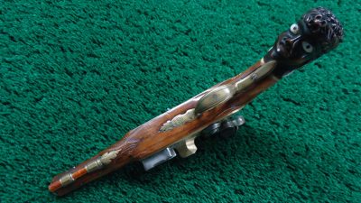 MHG1090 ENGRAVED EUROPEAN FLINTLOCK POCKET PISTOL WITH FIGURAL “MOOR’S HEAD” CARVED POMMEL [A] - Image 4
